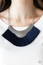 Load image into Gallery viewer, Dotted in ornate detail, a scalloped silver plate gives way to a flirtatious blue fringe, creating a royal statement piece below the collar. Features an adjustable clasp closure.  Sold as one individual necklace. Includes one pair of matching earrings.  Always nickel and lead free.