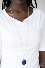 Load image into Gallery viewer, Sporadically dotted in glittery white rhinestones, dainty silver circles join around the top of a glassy blue teardrop moonstone. The bubbly pendant swings from the bottom of a lengthened silver chain for a whimsical finish. Features an adjustable clasp closure.  Sold as one individual necklace. Includes one pair of matching earrings.  Always nickel and lead free.