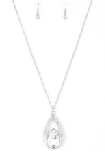 Load image into Gallery viewer, A glittery white teardrop gem is pressed into a silver frame radiating with glassy white rhinestones. The glamorous pendant swings from the bottom of a shimmery silver chain for a refined look. Features an adjustable clasp closure.  Sold as one individual necklace. Includes one pair of matching earrings.  Always nickel and lead free.