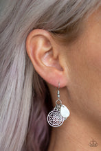 Load image into Gallery viewer, A collection of pearly silver seed beads, a shell-like teardrop, and a purple cat's eye bead trickles from the ear. Brushed in a shimmery finish, a silver seashell and nautical inspired frame are added to the clustered fringe for a whimsical finish. Earring attaches to a standard fishhook fitting.  Sold as one pair of earrings.  Always nickel and lead free.
