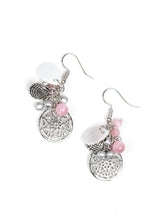 Load image into Gallery viewer, A collection of pearly silver seed beads, a shell-like teardrop, and pink cat's eye beads trickle from the ear. Brushed in a shimmery finish, a silver seashell and nautical inspired frame are added to the clustered fringe for a whimsical finish. Earring attaches to a standard fishhook fitting.  Sold as one pair of earrings.