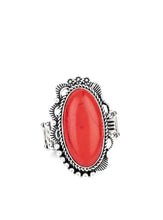 Load image into Gallery viewer, A fiery red stone is pressed into an ornate silver frame rippling with studded and serrated textures for a seasonal flair. Features a stretchy band for a flexible fit.  Sold as one individual ring.