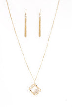 Load image into Gallery viewer, Gold circles join into an alluring 3-D box. A detached white gem freely sits in the gold box creating the illusion of a floating gem. The bright gold and dazzling gem create an incandescent design. Features an adjustable clasp feature.  Sold as one individual necklace. Includes one pair of matching earrings.