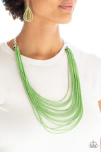 Load image into Gallery viewer, Infused with two bold silver fittings, row after row of green seed beads layer across the chest for a seasonal fashion. Features an adjustable clasp closure.  Sold as one individual necklace. Includes one pair of matching earrings.  Always nickel and lead free.