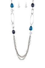 Load image into Gallery viewer, Featuring polished and cloudy faux rock finishes, gray and blue beads link with bold silver hoops. The whimsical compilation gives way to layers of mismatched silver chains for a seasonal finish. Features an adjustable clasp closure.  Sold as one individual necklace. Includes one pair of matching earrings.