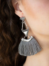 Load image into Gallery viewer, An assortment of geometric silver frames connect into an edgy lure. A fan of shiny gray thread flares from the bottom of the stacked frame for a funky finish. Earring attaches to a standard post fitting.  Sold as one pair of post earrings.  