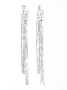 Radiating with dainty white rhinestones, asymmetrically stacked frames give way to strands of flat silver chains, creating an edgy chandelier. Earring attaches to a standard post fitting.  Sold as one pair of post earrings.