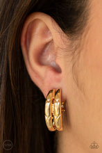Load image into Gallery viewer, Delicately etched in geometric detail, two glistening gold bars sharply curl into an abstract frame for a classic finish. Earring attaches to a standard clip-on fitting.  Sold as one pair of clip-on earrings.    Always nickel and lead free.