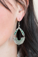 Load image into Gallery viewer, Encrusted in glittery green rhinestones, an arcing silver frame links with an ornate silver frame radiating with filigree filled details for a refined look. Earring attaches to a standard fishhook fitting.  Sold as one pair of earrings. Always nickel and lead free.