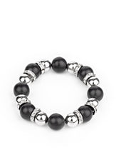 Load image into Gallery viewer, Necklace and Earrings:  A collection of faux black stones, shiny silver beads, and white rhinestone encrusted rings join below the collar in a refined fashion. Features an adjustable clasp closure.  Bracelet:  Faux black stones, shiny silver beads, and white rhinestone encrusted rings are threaded along a stretchy band and wrapped around the wrist for a refined look.
