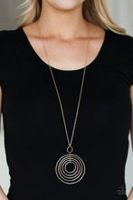 Load image into Gallery viewer, Threaded through a rose gold fitting, a collection of rose gold hoops collect into a dizzy pendant at the bottom of a lengthened rose gold chain for a refined look. Features an adjustable clasp closure.  Sold as one individual necklace. Includes one pair of matching earrings.  Always nickel and lead free.