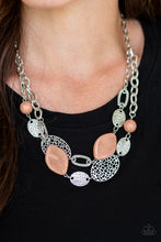 Load image into Gallery viewer, Etched in shimmery textures, a chunky silver chain gives way to a collection of refreshing brown stones and hammered silver accents. Each featuring patterns derived from nature, the glistening discs join into a layered artisan arrangement below the collar. Features an adjustable clasp closure.  Sold as one individual necklace. Includes one pair of matching earrings.  Always nickel and lead free.