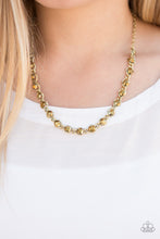 Load image into Gallery viewer, Necklace and Earrings: Oversized aurum rhinestones are sprinkled along an antiqued brass chain, creating bold shimmer below the collar. Features an adjustable clasp closure.  Bracelet: Oversized aurum rhinestones are sprinkled along an antiqued brass chain, creating bold shimmer around the wrist. Features an adjustable clasp closure.  Sold as one individual necklace, earrings and bracelet.  Always nickel and lead free.