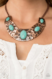  Dotted with refreshing turquoise stone accents, a collection of hammered copper plates link below the collar for an artisan inspired look. Features an adjustable clasp closure.