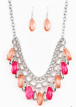 Load image into Gallery viewer, Infused with a row of thick silver chain, faceted silver and glassy pink and coral beads swing from the bottom of ornate silver links, creating a vivacious fringe below the collar. Features an adjustable clasp closure.  Sold as one individual necklace. Includes one pair of matching earrings.