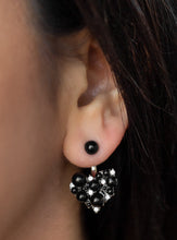 Load image into Gallery viewer, A solitaire black bead attaches to a double-sided post, designed to fasten behind the ear. Radiating with dainty white rhinestones and matching black beads, the heart-shaped double sided-post peeks out beneath the ear for a refined look. Earring attaches to a standard post fitting..  Sold as one pair of double-sided post earrings.  Always nickel and lead free.