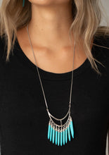 Load image into Gallery viewer, Capped in dainty silver fittings, refreshing turquoise stone tusk-like bars dangle from the bottom of an airy silver crescent frame, creating an earthy fringe at the bottom of a lengthened silver chain. Features an adjustable clasp closure.  Sold as one individual necklace. Includes one pair of matching earrings. 