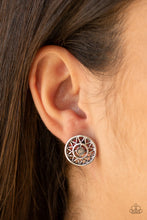 Load image into Gallery viewer, A dainty opalescent rhinestone dots the center of a shiny silver frame radiating with a glistening sunburst pattern for a whimsical look. Earring attaches to a standard post fitting.  Sold as one pair of post earrings.  Always nickel and lead free.