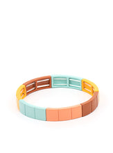 Load image into Gallery viewer, Metal rectangles painted in the spring Pantone® shades of Cerulean, Rust, Marigold, and Burnt Coral are threaded along stretchy bands, forming a gorgeous spectrum of color that wraps around the wrist.