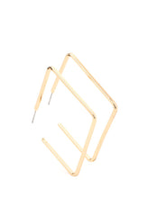 Load image into Gallery viewer,  A deceptively simple square frame is tilted on point to create a geometric hoop. Its sharp angles are complemented by its rich gold finish, making a lasting impression. Earring attaches to a standard post fitting. Hoop measures approximately 2&quot; in diameter.