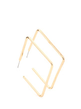 Load image into Gallery viewer,  A deceptively simple square frame is tilted on point to create a geometric hoop. Its sharp angles are complemented by its rich gold finish, making a lasting impression. Earring attaches to a standard post fitting. Hoop measures approximately 2" in diameter.