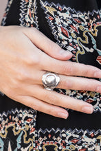 Load image into Gallery viewer, Glistening silver bars swoop around a raised silver beaded center, creating a radiant metallic accent piece. Features a stretchy band for a flexible fit.  Sold as one individual ring.