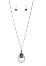 Load image into Gallery viewer, Studded silver teardrops swing from the bottom of a shimmery silver chain. A glowing blue moonstone attaches to the innermost frame, creating a whimsical pendant. Features an adjustable clasp closure.  Sold as one individual necklace. Includes one pair of matching earrings.  Always nickel and lead free.