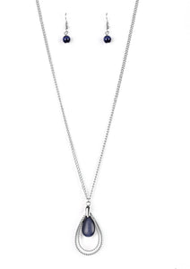 Studded silver teardrops swing from the bottom of a shimmery silver chain. A glowing blue moonstone attaches to the innermost frame, creating a whimsical pendant. Features an adjustable clasp closure.  Sold as one individual necklace. Includes one pair of matching earrings.  Always nickel and lead free.