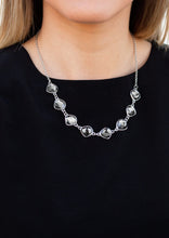 Load image into Gallery viewer, Necklace and Earrings:  Featuring shimmery silver frames, imperfect smoky gems link below the collar for a glamorous vintage inspired look. Features an adjustable clasp closure.  Bracelet:  Featuring shimmery silver frames, imperfect smoky gems link around the wrist for a glamorous vintage inspired look. Features an adjustable clasp closure.  Sold as one individual necklace, set of earrings, and bracelet.