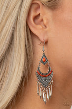 Load image into Gallery viewer, Featuring Amberglow beaded accents, mismatched studded and geometrically embossed silver frames give way to a fringe of flared silver bars for an edgy finish. Earring attaches to a standard fishhook fitting.   Sold as one pair of earrings.   Always nickel and lead free