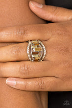 Load image into Gallery viewer, Topaz rhinestone encrusted bands flank a row of emerald cut glass beads in shades of brown and white for a regal look. Features a stretchy band for a flexible fit.  Sold as one individual ring.  Always nickel and lead free.