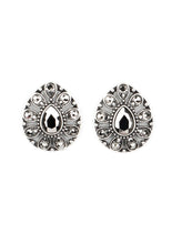 Load image into Gallery viewer, A silver teardrop frame is encrusted in glittery hematite rhinestones, creating a sparkling floral frame. Earring attaches to a standard post fitting. Sold as one pair of post earrings.