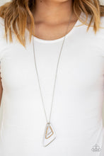 Load image into Gallery viewer, Three silver triangular frames swing from the bottom of an elongated silver chain, creating a dizzying pendant. Golden topaz rhinestones are encrusted along one of the frames for a sophisticated finish. Features an adjustable clasp closure.  Sold as one individual necklace. Includes one pair of matching earrings.  Always nickel and lead free.