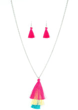 Load image into Gallery viewer, Featuring shimmery pink, yellow, and blue thread, a 3-tiered tassel swings from the bottom of a lengthened silver chain for a colorful, wanderlust vibe. Features an adjustable clasp closure.  Sold as one individual necklace. Includes one pair of matching earrings.