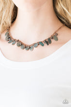 Load image into Gallery viewer, Brushed in a patina finish, floral embossed copper frames swing from a copper chain. Infused with ornate copper beads, the whimsical fringe falls just below the collar for a vintage inspired look.  Features an adjustable clasp closure.  Always nickel and lead free.