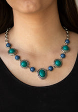Load image into Gallery viewer, Featuring smooth and studded silver frames, refreshing blue and green beads link below the collar in a seasonal fashion. Features an adjustable clasp closure.  Sold as one individual necklace. Includes one pair of matching earrings. ,