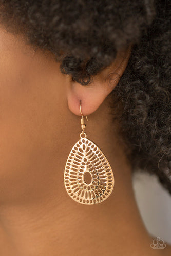 Rippling with grate-like stenciled detail, a shiny gold teardrop frame swings from the ear for a seasonal look. Earring attaches to a standard fishhook fitting.  Sold as one pair of earrings.  Always nickel and lead free.