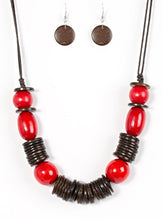 Load image into Gallery viewer, Brushed in a vibrant finish, red wooden beads and brown wooden discs are threaded along shiny brown cording for a summery look. Features an adjustable sliding knot closure.  Sold as one individual necklace. Includes one pair of matching earrings.