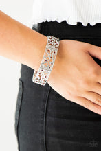 Load image into Gallery viewer, Filled with vine-like filigree, shimmery silver frames are threaded along stretchy bands around the wrist for a whimsical look. Dainty red rhinestones are sprinkled along the ornate frames for a sparkling finish.  Sold as one individual bracelet.  Always nickel and lead free.