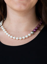 Load image into Gallery viewer, Separated by dainty silver beads, classic white pearls merge into purple pearls for a contemporary look. Infused with a shiny silver bead, the timeless pearls collect below the collar for a refined asymmetrical look. Features an adjustable clasp closure.   Featured inside The Preview at ONE Life!  Sold as one individual necklace. Includes one pair of matching earrings.  