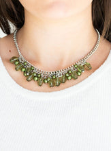 Load image into Gallery viewer, A collection of glassy and pearly green beads dangle from the bottom of interconnected silver chains, creating a flirtatious fringe below the collar. Features an adjustable clasp closure.  Sold as one individual necklace. Includes one pair of matching earrings. 