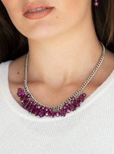 Load image into Gallery viewer, A collection of glassy and pearly purple beads dangle from the bottom of interconnected silver chains, creating a flirtatious fringe below the collar. Features an adjustable clasp closure.  Sold as one individual necklace. Includes one pair of matching earrings.
