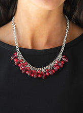 Load image into Gallery viewer, A collection of glassy and pearly red beads dangle from the bottom of interconnected silver chains, creating a flirtatious fringe below the collar. Features an adjustable clasp closure.  Sold as one individual necklace. Includes one pair of matching earrings.  Always nickel and lead free.