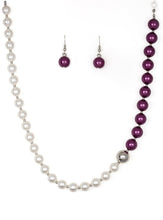 Load image into Gallery viewer, Separated by dainty silver beads, classic white pearls merge into purple pearls for a contemporary look. Infused with a shiny silver bead, the timeless pearls collect below the collar for a refined asymmetrical look. Features an adjustable clasp closure. Featured inside The Preview at ONE Life! Sold as one individual necklace. Includes one pair of matching earrings.
