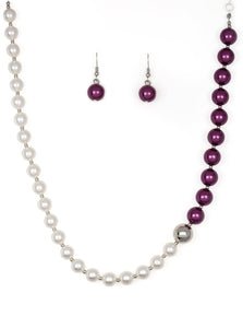 Separated by dainty silver beads, classic white pearls merge into purple pearls for a contemporary look. Infused with a shiny silver bead, the timeless pearls collect below the collar for a refined asymmetrical look. Features an adjustable clasp closure. Featured inside The Preview at ONE Life! Sold as one individual necklace. Includes one pair of matching earrings.