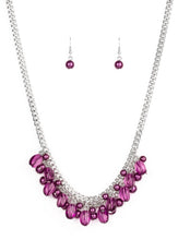 Load image into Gallery viewer, A collection of glassy and pearly purple beads dangle from the bottom of interconnected silver chains, creating a flirtatious fringe below the collar. Features an adjustable clasp closure.  Sold as one individual necklace. Includes one pair of matching earrings.