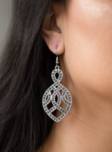 Load image into Gallery viewer, Encrusted in smoky rhinestones, ribbons of shimmery silver loop into an ornate frame for a refined flair. Earring attaches to a standard fishhook fitting.  Sold as one pair of earrings.  Always nickel and lead free. 