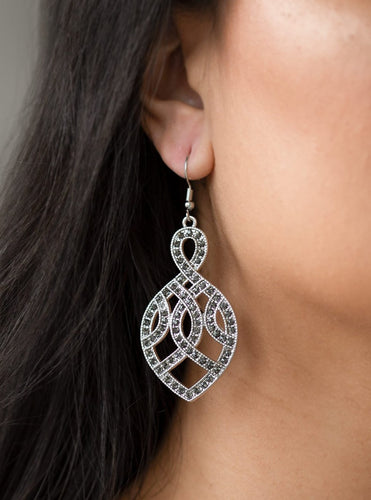 Encrusted in smoky rhinestones, ribbons of shimmery silver loop into an ornate frame for a refined flair. Earring attaches to a standard fishhook fitting.  Sold as one pair of earrings.  Always nickel and lead free. 