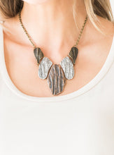 Load image into Gallery viewer, Engraved in antiqued textures, asymmetrical brass, copper, and silver plates link below the collar for an edgy look. Features an adjustable clasp closure.  Sold as one individual necklace. Includes one pair of matching earrings.  Always nickel and lead free.