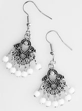 Load image into Gallery viewer, Dainty white beads cascade from the bottom of a dainty silver frame, creating a colorful lure. Earring attaches to a standard fishhook fitting. Sold as one pair of earrings.